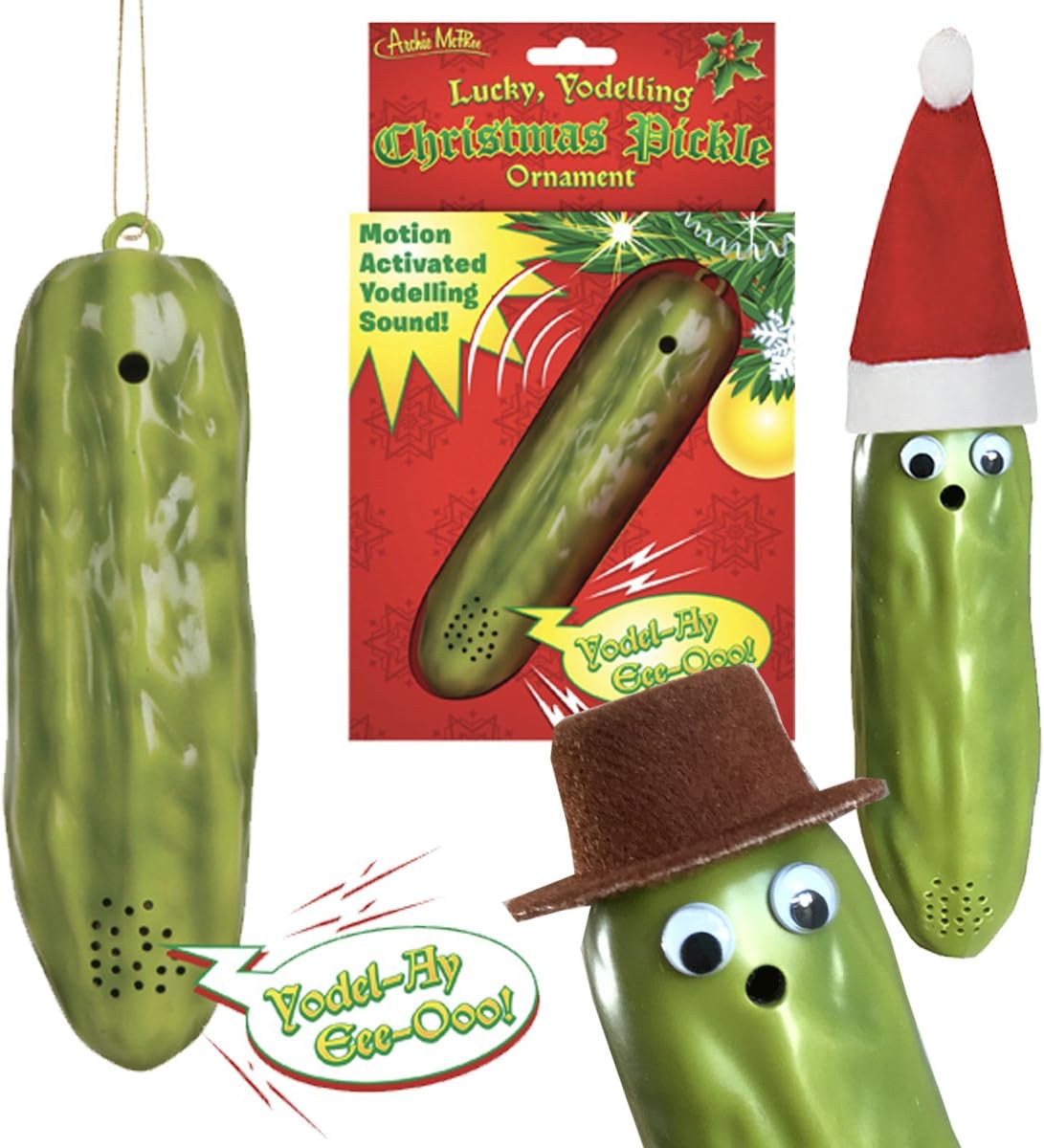 Love Unicornucopia Yodeling Pickle Christmas Ornament + Bonus Santa & German Hats + Eyes Set - Motion Activated
