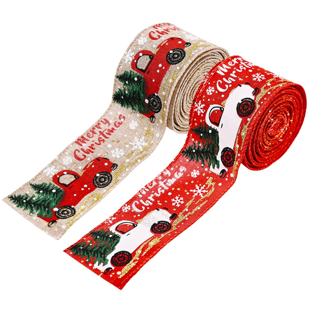 2 Rolls Christmas Wired Edge Ribbon Merry Christmas Tree and Truck Design for Gift Wrapping Wreaths DIY Crafts Holiday Decorations 2 Inch x 5 Yard