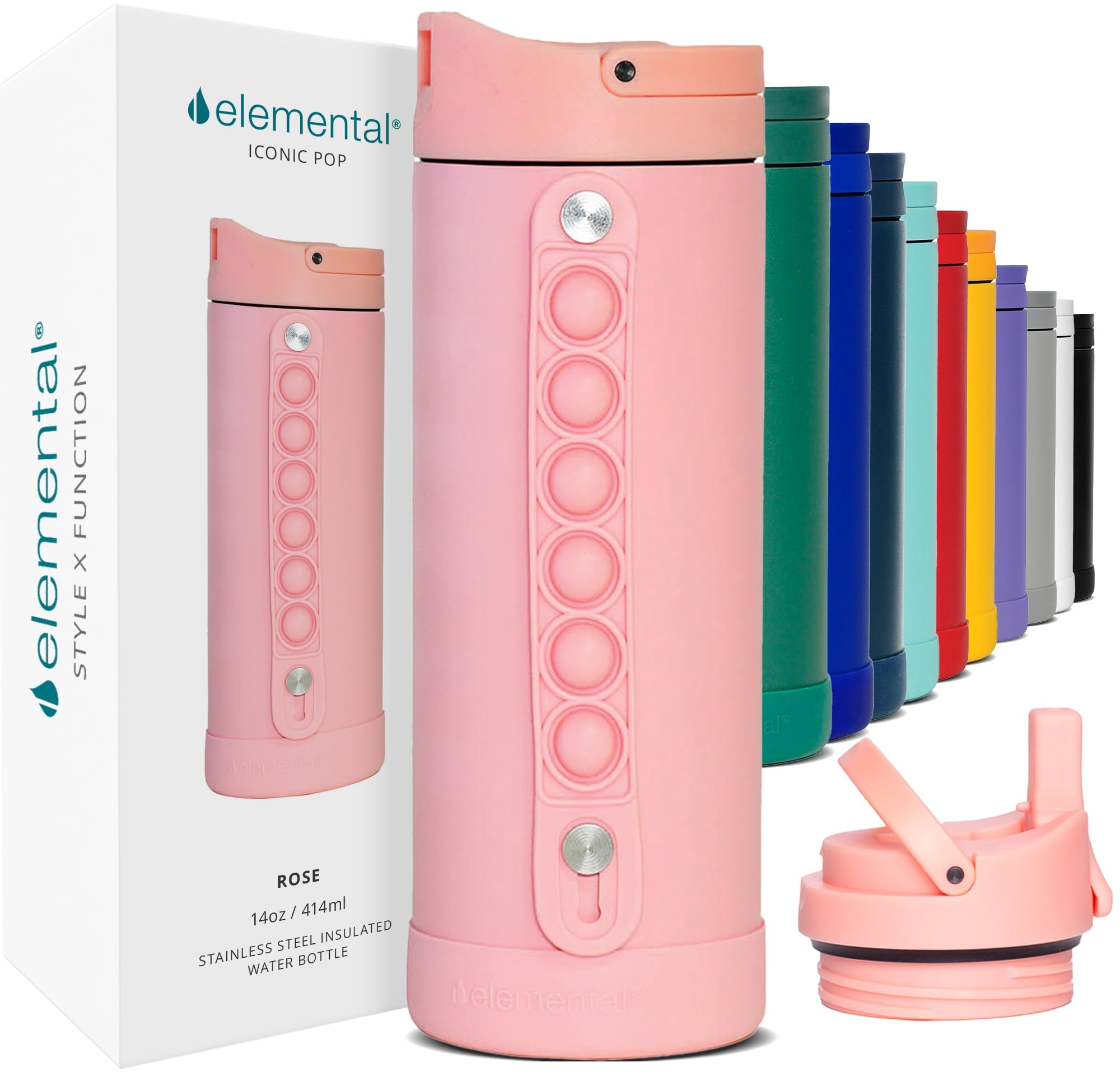 Elemental Iconic 414ml Triple-Wall Insulated Water Bottle with Straw – Sports-Lid & Pop Fidget Handle – Leakproof Stainless Steel Sports Water Bottle for Hot & Cold Drinks – Rose — image 1