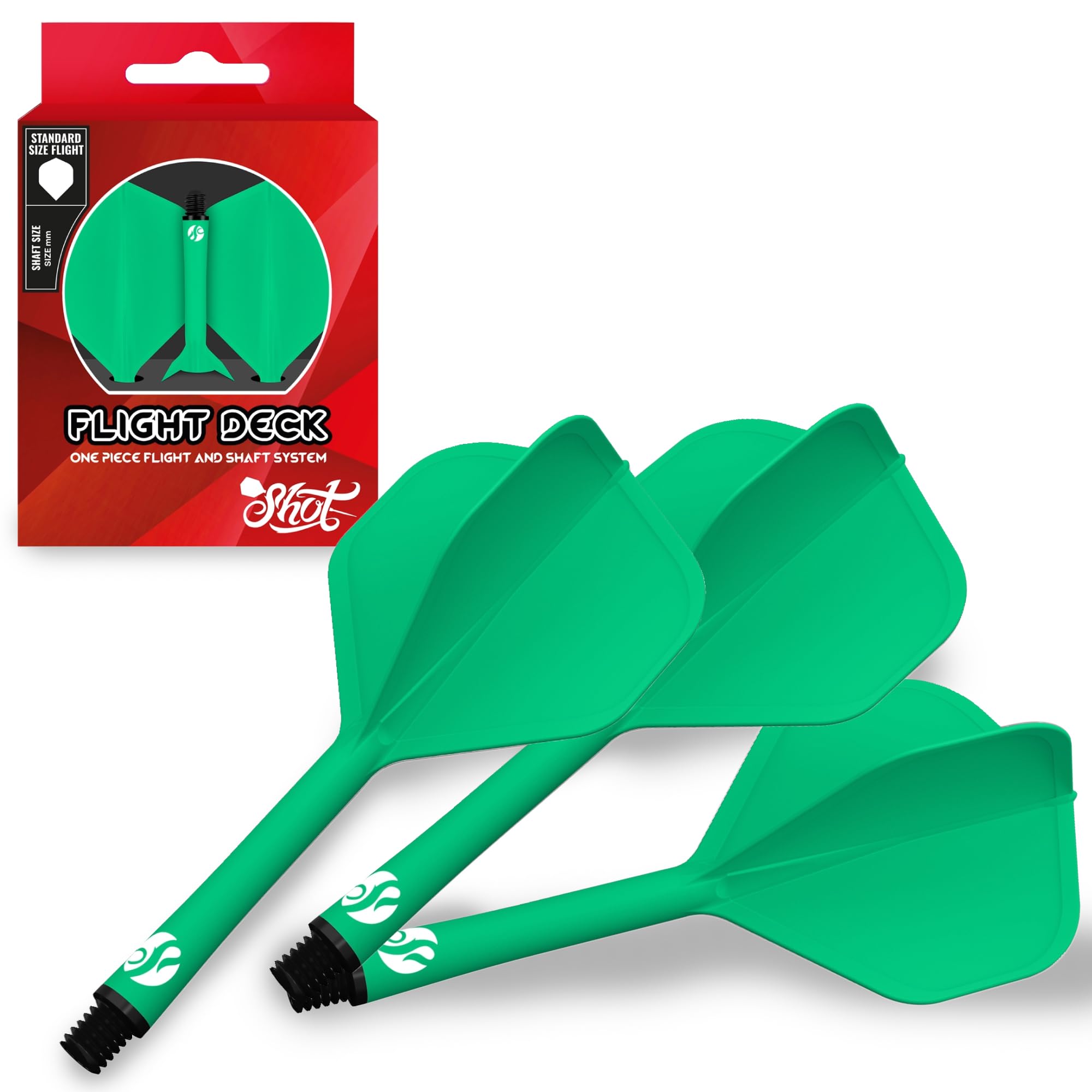 Shot! Darts Flight Deck One Piece Dart Flight and Shaft System, Reduced Deflections, Standard Shaped Flight (350 Micron), Available in Set of 3 (Green, Inbetween)