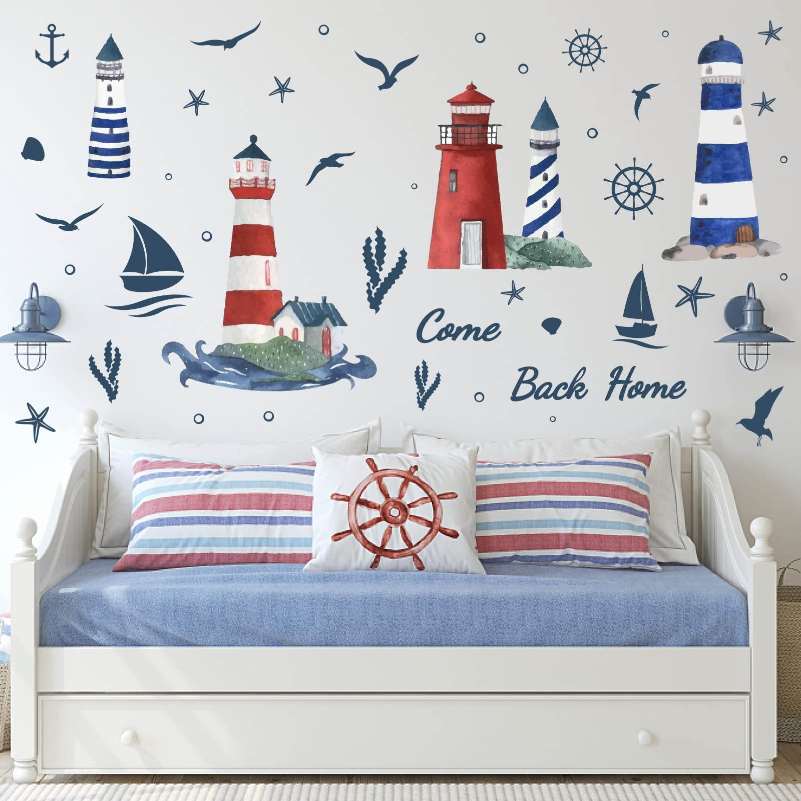 PLIGREAT Lighthouse Seagull Sailboat Wall Stickers Removable Blue Ocean Theme Wall Decals for Nursery Bedroom Playroom Living Room Wall Decorations Home Indoor DIY Nautical Wall Art Decor