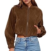 Tankaneo Womens Faux Suede Bomber Jackets Cropped Trendy Casual Zip Up Lightweight Coats Oversized Spring Outerwear