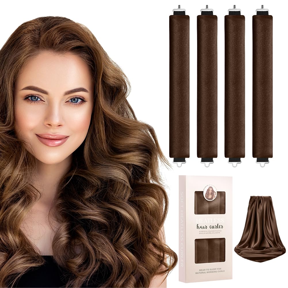 LOPHE 4 Pcs Heatless Hair Curler, Heatless Curls Blowout Rods Headband with Hair Scarf, Overnight Soft Hair Roller Rods with Hook, Long Hair Styling Tools for Women Gift, Brown