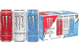 Monster Energy Ultra 3 Flavor Variety Pack, Zero Ultra, Ultra Red, Ultra Blue, Sugar Free Energy Drink, 16 Ounce (Pack of 12)