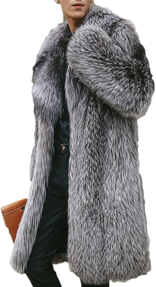 AACFCHAIN Men's Luxury Winter Warm Faux Fur Long Jacket Thicken Notched Outerwear Overcoat