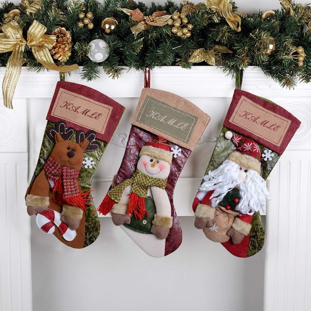 LEKAMXING Christmas Stockings 3Pcs Set Decoration for Santa Snowman Reindeer Xmas Character Party Accessory 46CM