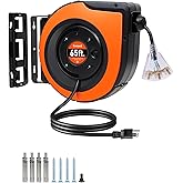 TREEWELL 65FT Retractable Extension Cord Reel, 12AWG/3C SJTOW Heavy Duty Power Cord with Lighted Triple Tap Outlet, 15A Circu
