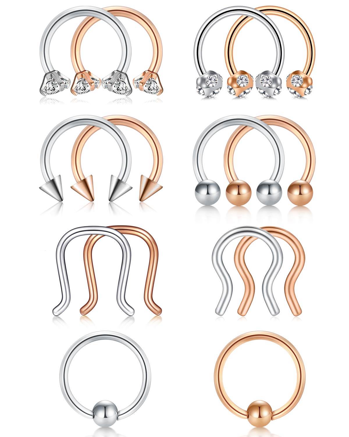 AceFun 14PCS Septum Rings Horseshoe Piercing 16G Septum Hoop Nose Ring Cartilage Daith Tragus Retainer 316L Stainless Steel Body Piercing Jewelry
