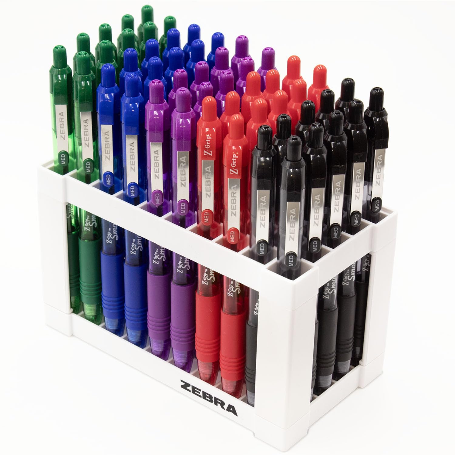 Zebra Z-Grip Smooth Ballpoint Retractable Pen - Office Desktop Stand Set of 50 Pens - Black, Red, Violet, Blue & Green Ink - 1.0mm Nib Tip - Ideal for Writing, Revision, School, Teachers etc