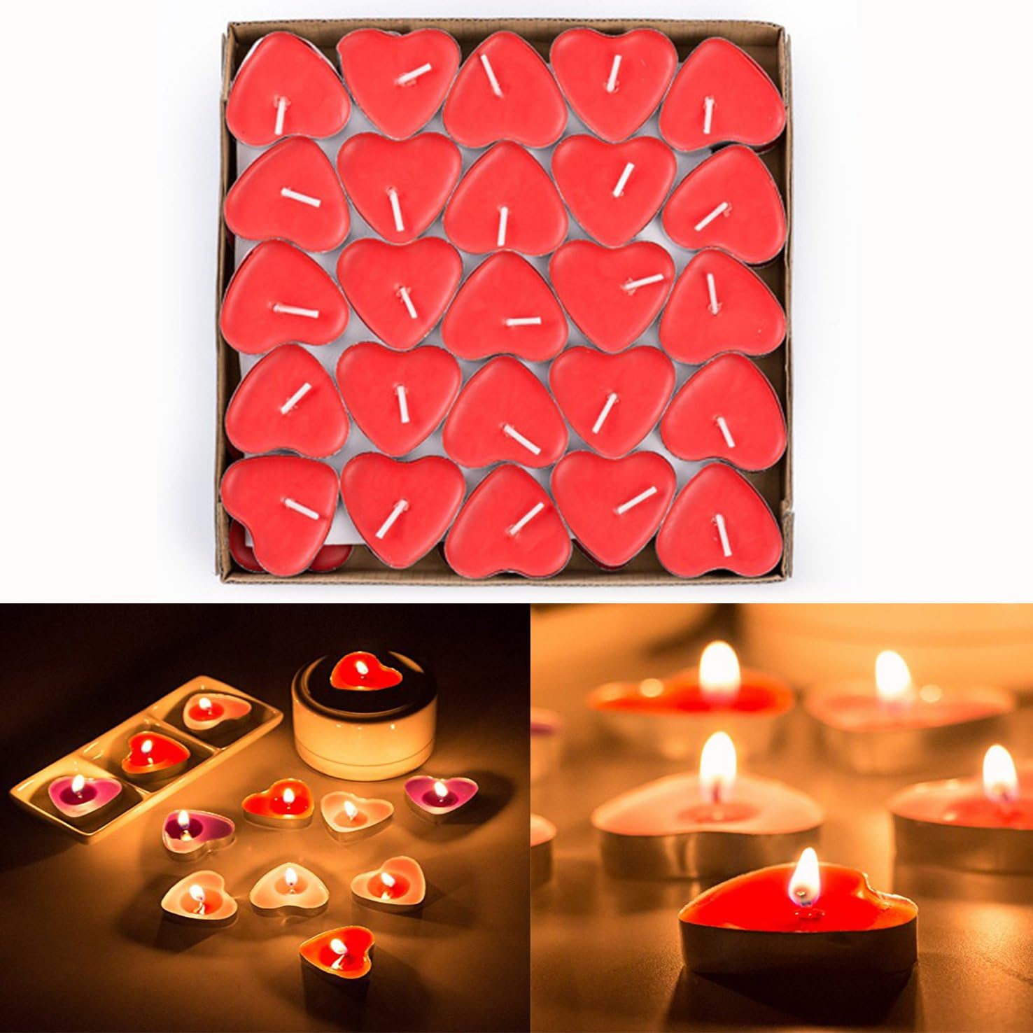 Gearmax 50 Pcs Love Heart Shape Tealights Love Candles Bulk Floating Smokeless Scented Romantic Candles Valentines Mothers Day Christmas Wedding Birthday Party Decoration (Red)