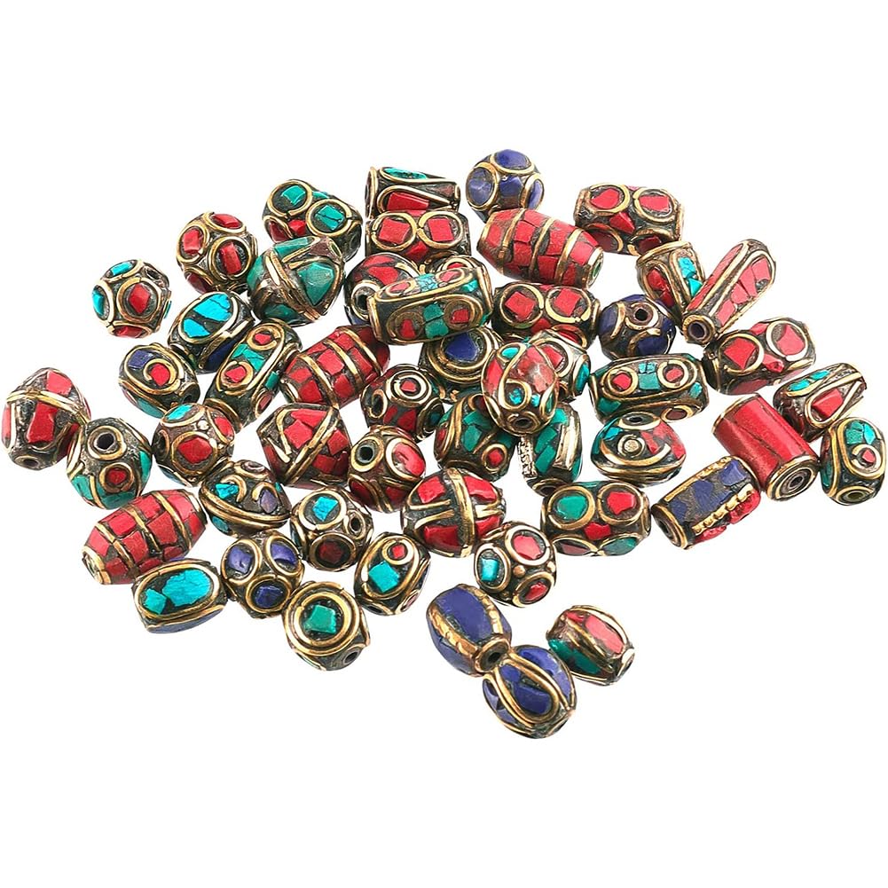 Pandahall 50pcs Mixed Antique Golden Handmade Tibetan Style Beads Brass with Imitation Coral and Turquoise