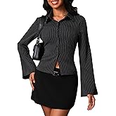 Women Striped Fitted Button Down Shirts Bell Long Sleeve Shirt Office Work Blouse Tops