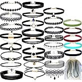 YOKER 30 PCS Necklaces Black Velvet Choker Set for Women Adjustable Classic Gothic Tattoo Lace Chokers Stretch Necklace for Party Cosplay Christmas Birthday