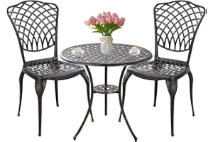 Withniture Patio Bistro Set 3 Piece Outdoor Cast Aluminum Bistro Table and Chairs Set of 2 with 1.97" Umbrella Hole,All Weather Outdoor Bistro Set for Front Proch Set (Bronze)
