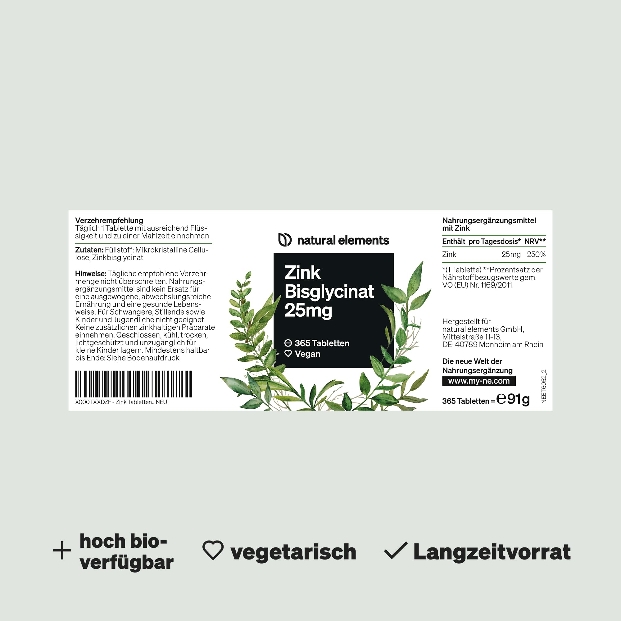 natural elements Zink 25mg – 365 Tabletten – gut verträgliches Zinkbisglycinat (Zink-Chelat) – vegan, hochdosiert, ohne unnötige Zusätze – in Deutschland produziert & laborgeprüft 5