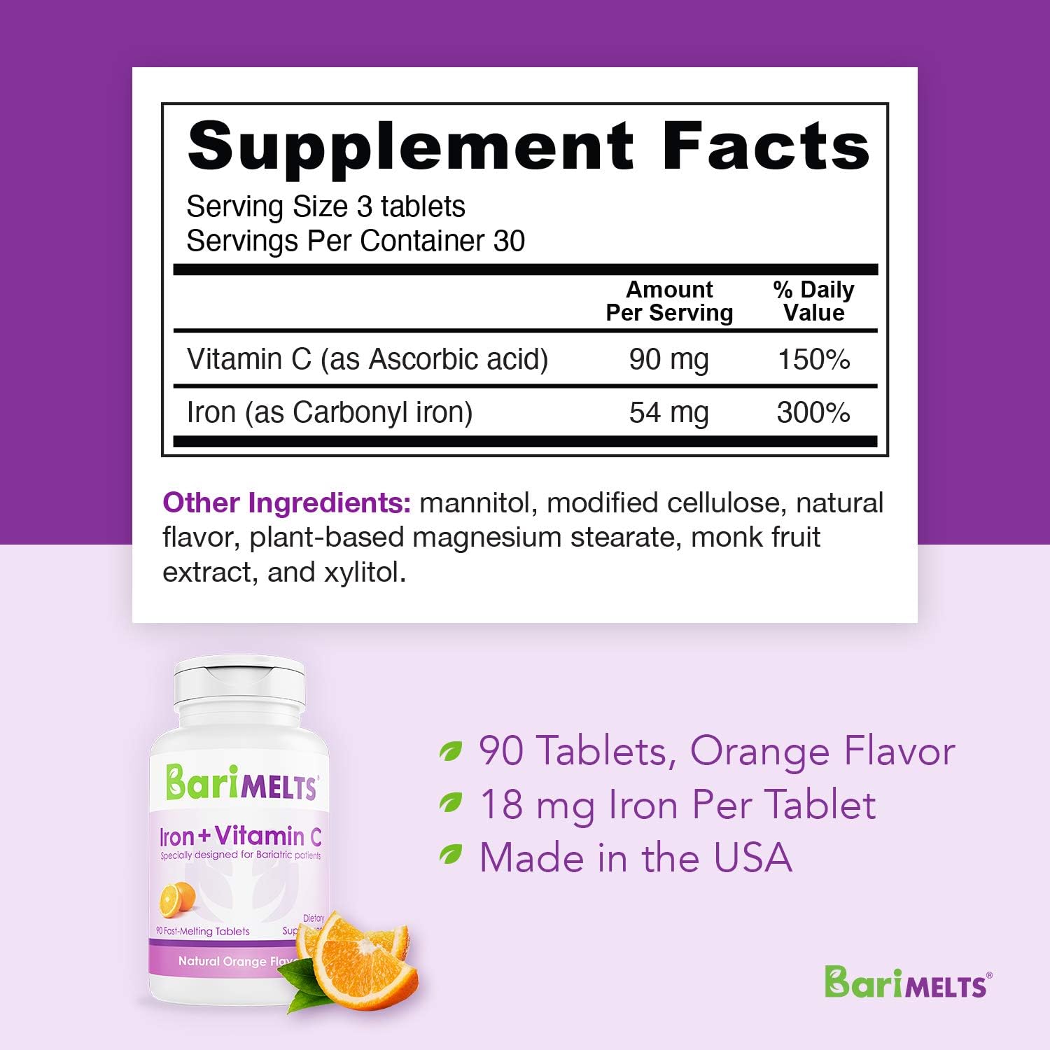 BariMelts Iron + Vitamin C, Dissolvable Bariatric Vitamins, Natural Orange Flavor, 90 Fast Melting Tablets: Health & Personal Care