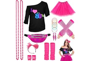 WILDPARTY 80s Outfit for Women Costume Accessories Set T-shirt Pink Tutu Leg Warmers Fanny Pack Earrings Headband Necklace Gloves(Pink love M)