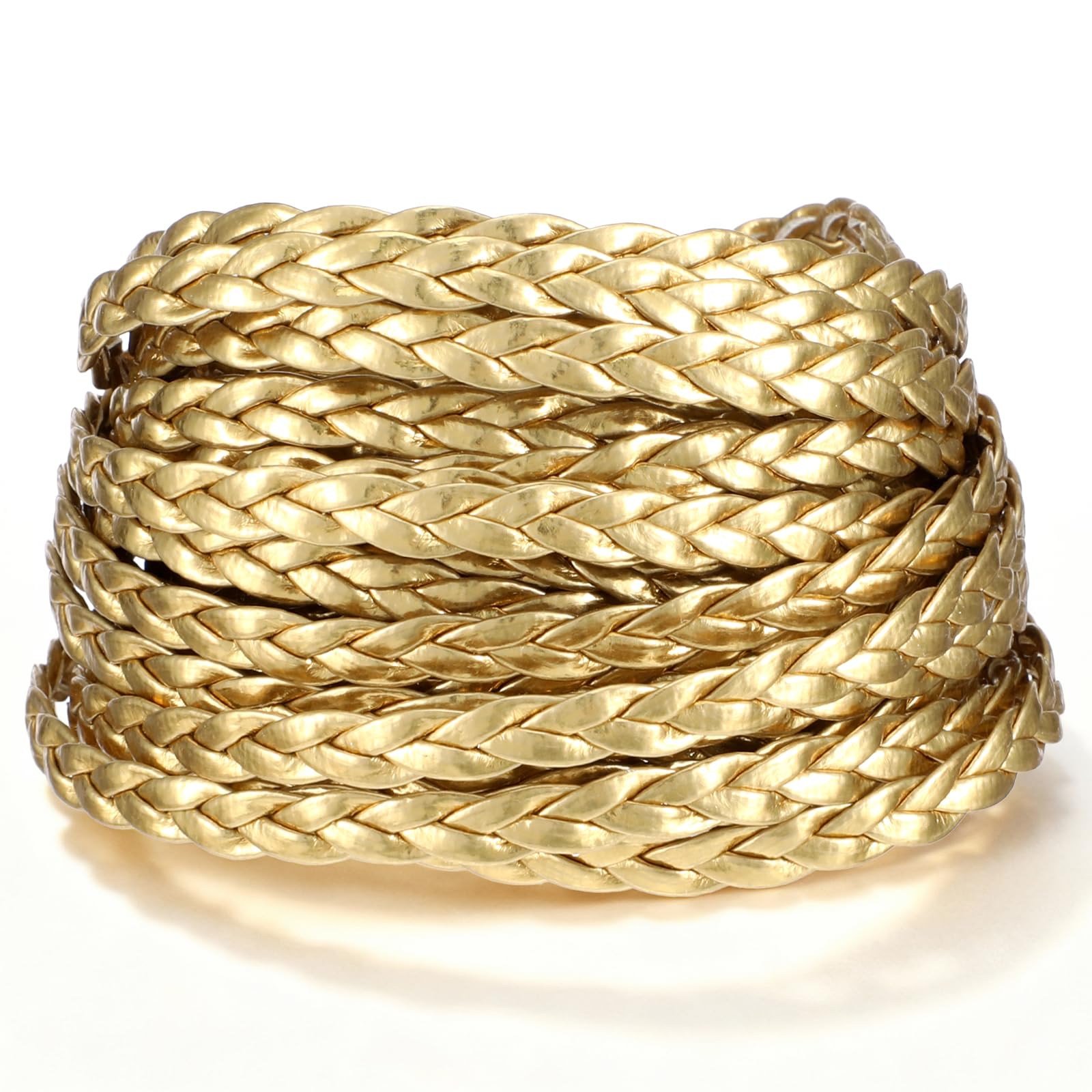 View 1 of 16.4ft/5mm Leather Braided Gold Cord, Flat PU Leather Braided Gold Rope, 3-Ply Twisted Golden String for DIY Braideds Crafts, Bracelets, Anklets, Necklaces, Gifts, Belts