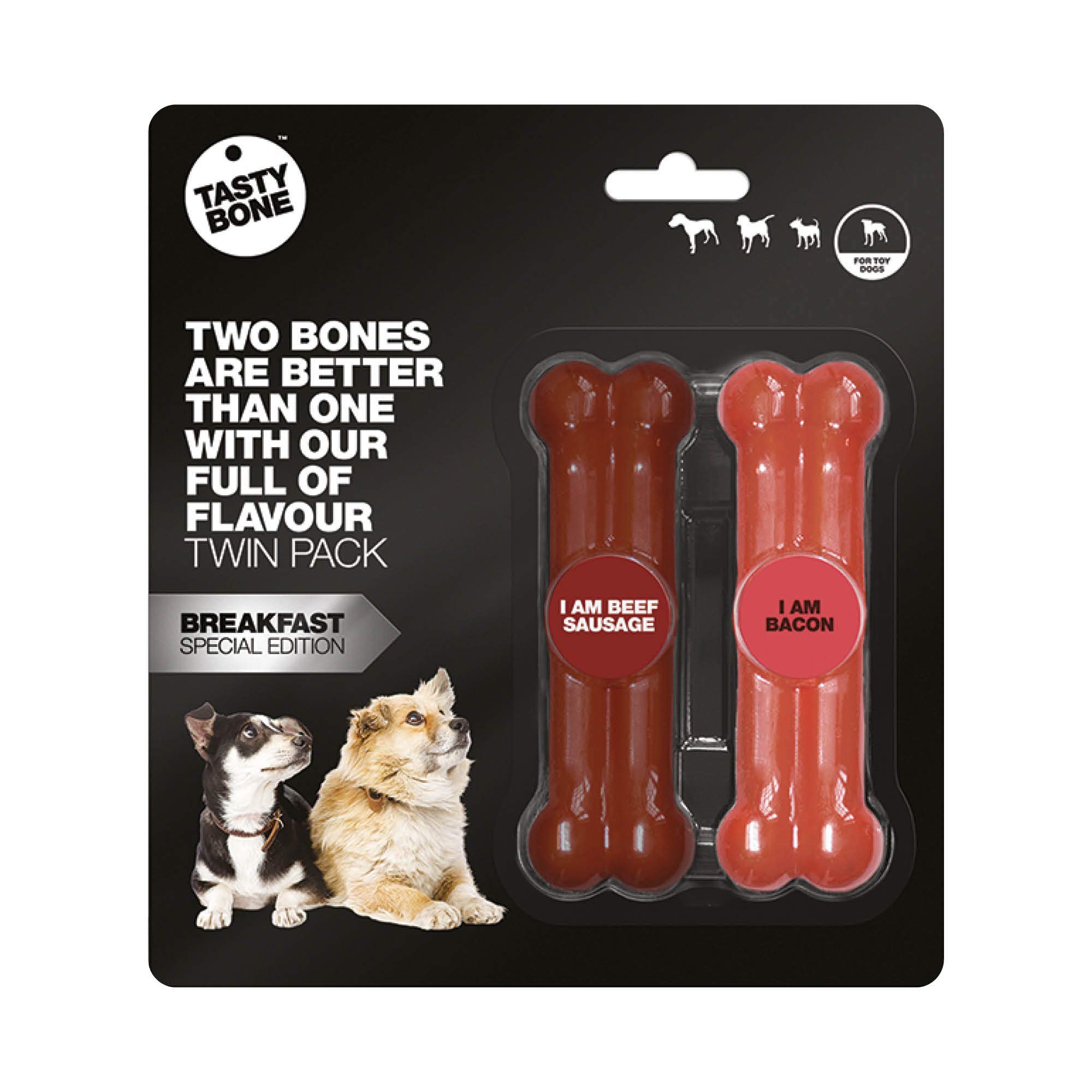 TastyBone Twin Pack Nylon Dog Chew Toys for Toy Dogs (Beef Sausage & Bacon) - Indestructible for Aggressive Chewers, Everlasting Flavour, Strong Healthy Teeth, Made in the UK