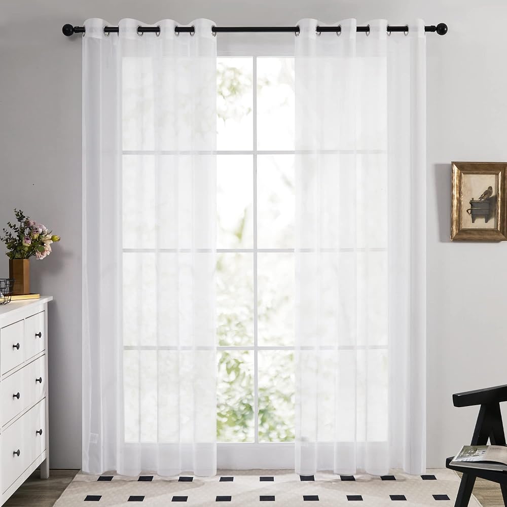 Deconovo White Voile Curtains 52 x 84 Inch Pair Eyelet Semi Transparent