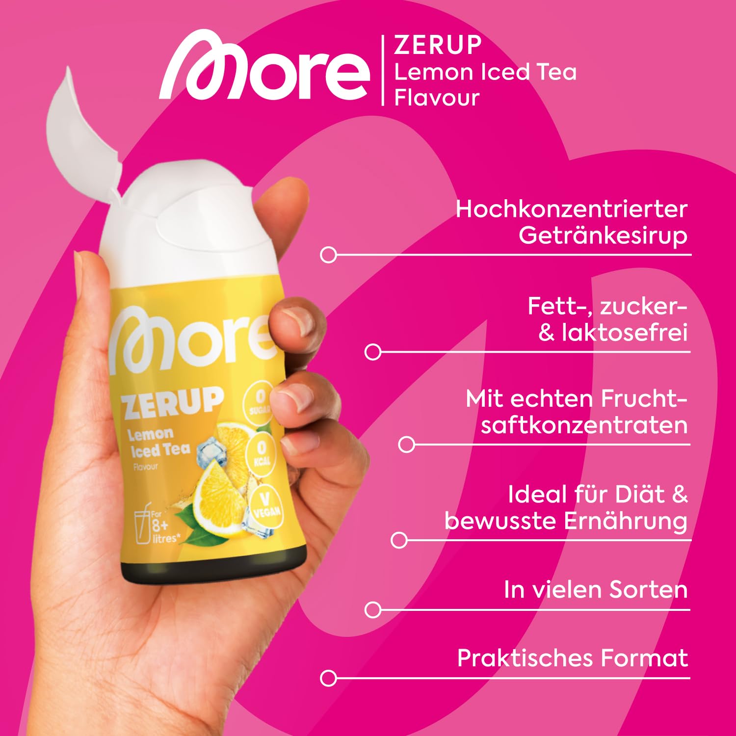 MORE Zerup, Lemon Iced Tea, 65 ml, für bis zu 8 l Fertiggetränk, zuckerfreier Sirup mit echten Fruchtextrakten, vegan, zero Kalorien - made in Germany