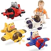Airplane Toy Cars for Toddlers 1-3 – 4 Pack Press and Go Baby Car Toys, Push Airplanes with Rotating Propellers & Animal Drivers, Safe ABS Friction Cars for Indoor Outdoor Play, Gift for Boys Girls