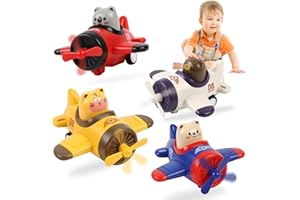 LILYCASS Airplane Toy Cars for Toddlers 1-3 – 4 Pack Press and Go Baby Car Toys, Push Airplanes with Rotating Propellers & Animal Drivers, Safe ABS Friction Cars for Indoor Outdoor Play, Gift for Boys Girls