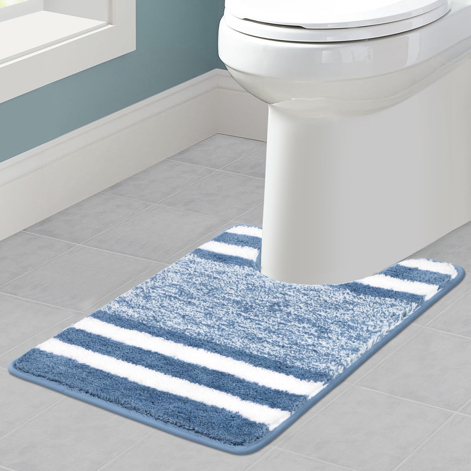 Pauwer U Shape Toilet Mat 50 x 60 cm, Ultra Soft Non Slip Pedestal Mat for Toilet Absorbent Washable Bathroom Toilet Rug Bath Mat (Blue, 50 x 60 cm)