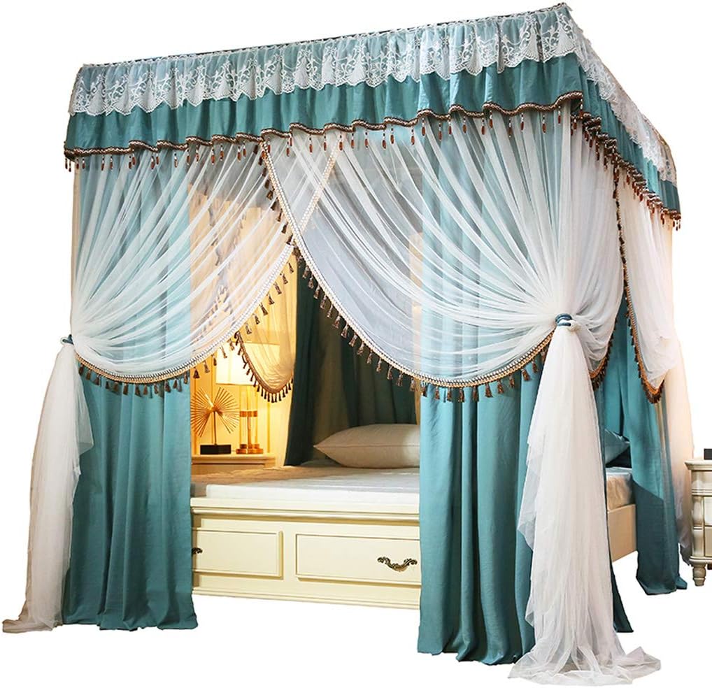 Obokidly Princess America Village Four Corner Post Bed Curtain Canopy with Mosquito Net Windproof Lightproof Bed Canopy for Girls Boys Kids Gift Home Bedroom Decoration (Green, California King)