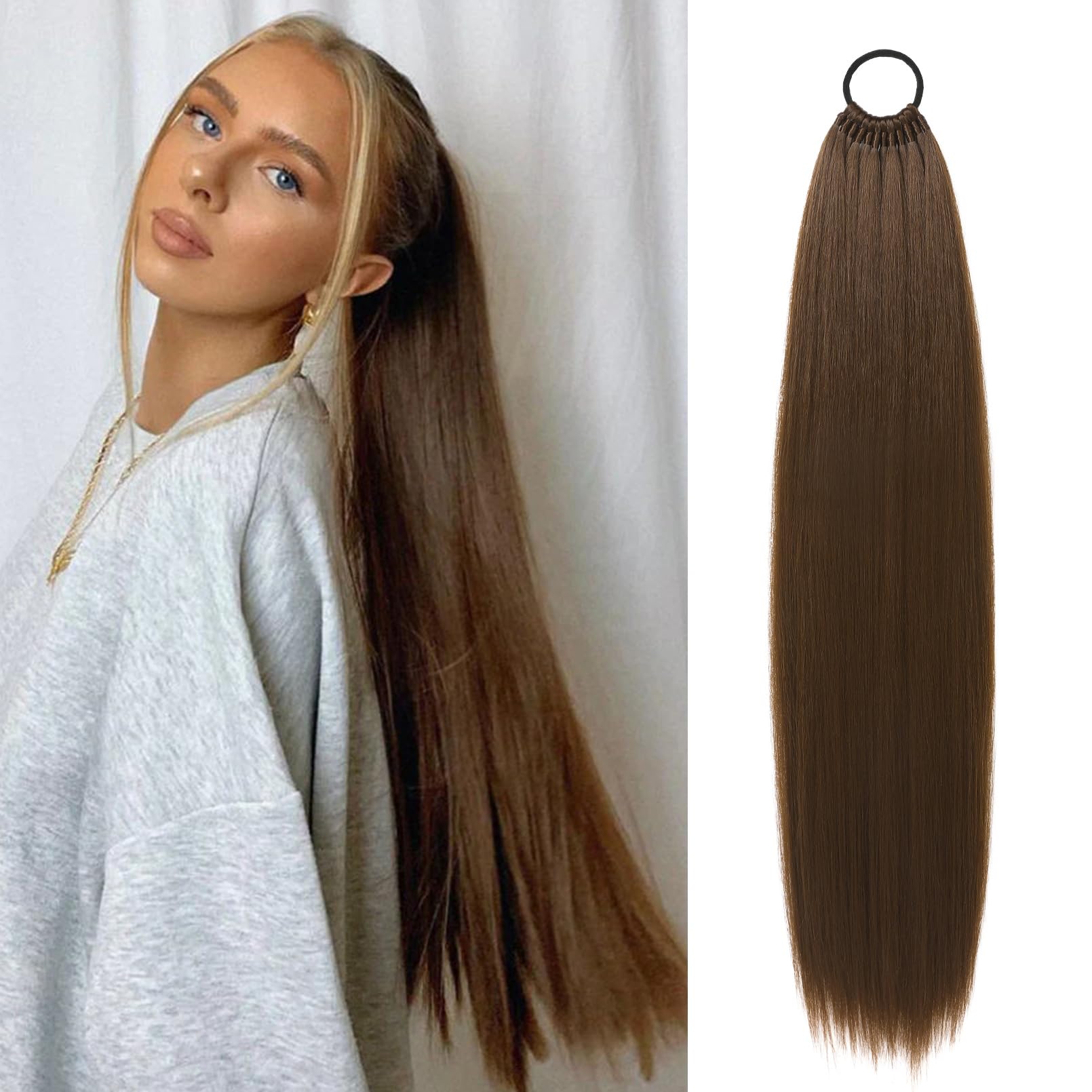 Photo 1 of LONAI Ponytail Extensions, Versatile Elastic Band Brown Ponytail Extension for Women, 32" Long Straight Soft Natural Synthetic Pony Tails-Chocolate Brown