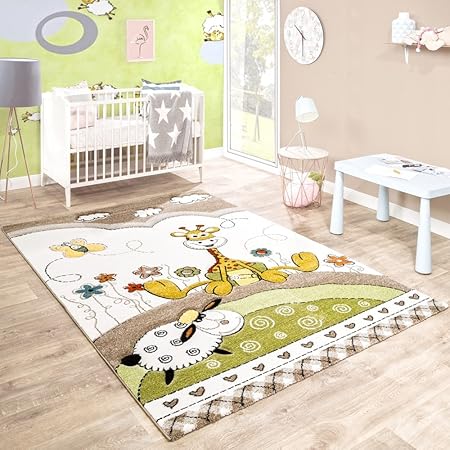 Paco Home Kinderteppich Kinderzimmer Konturenschnitt Baby Giraffe Beige Creme Pastellfarben, Grösse:160x230 cm