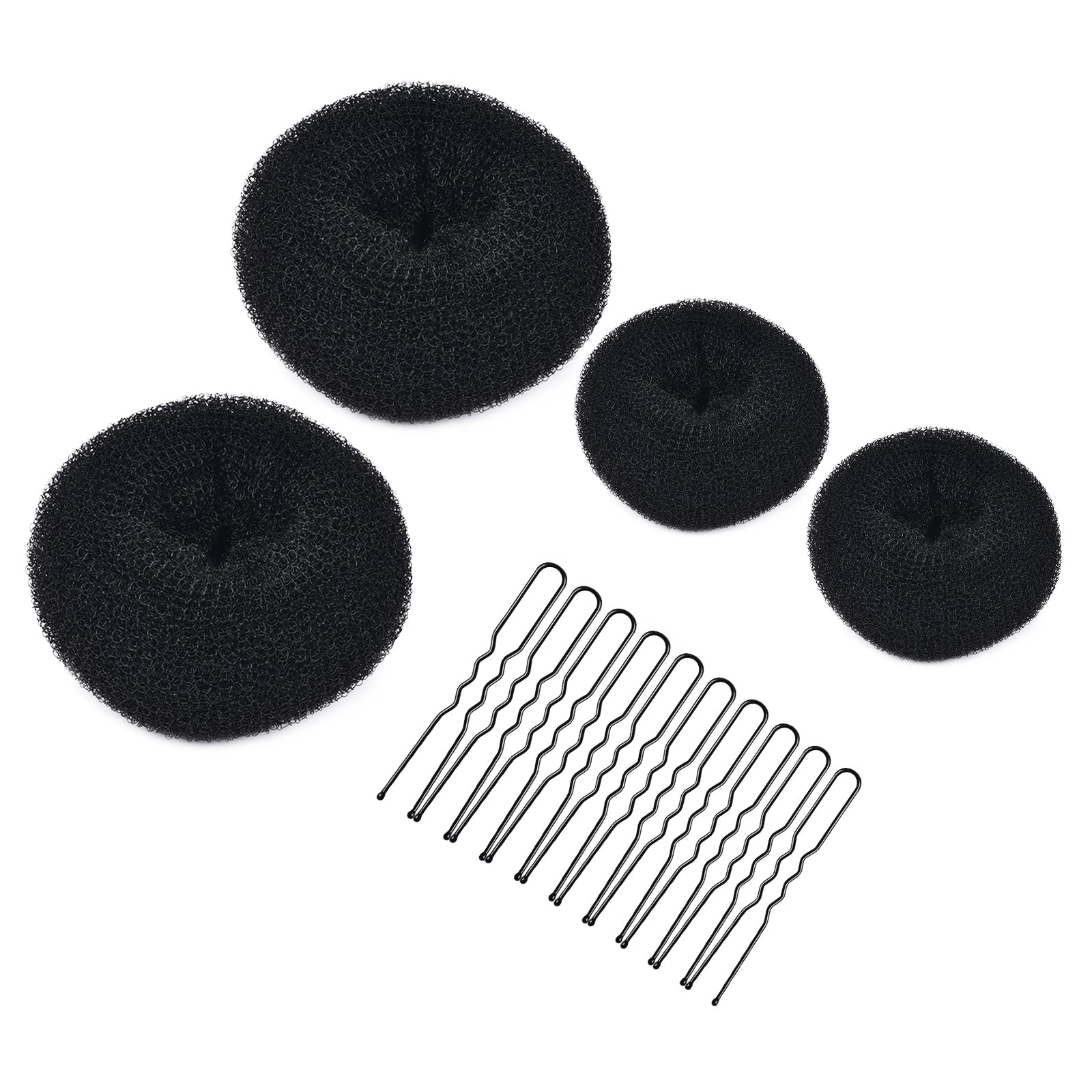 Hair Donuts for Buns, MORGLES 4pcs Hair Bun Makers with 10pcs Bobby Pins for Dancer Ballerina, Black