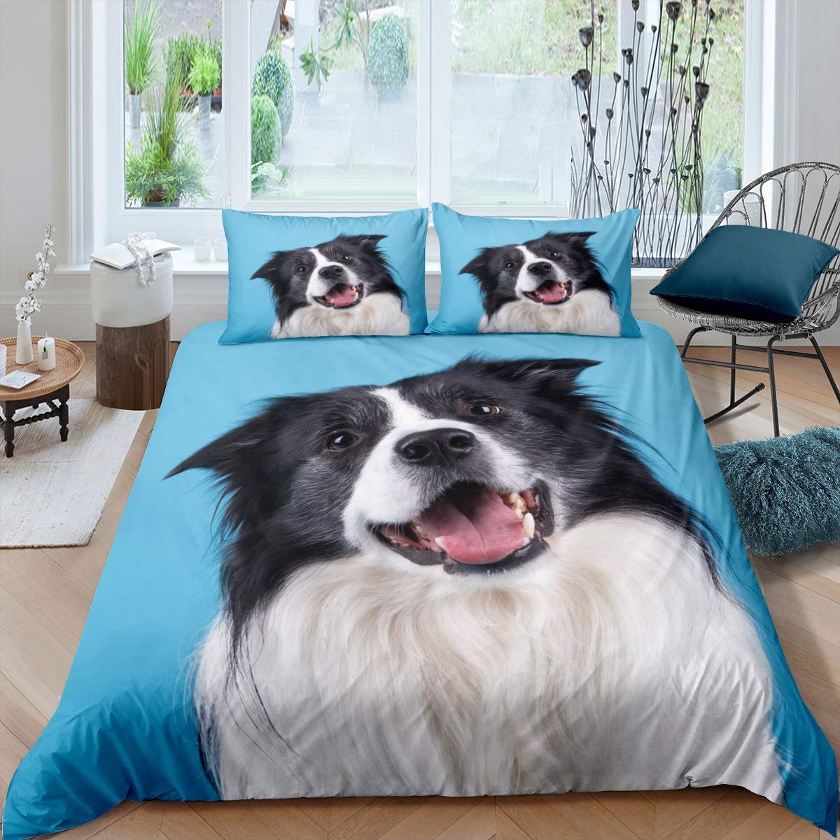 Loussiesd 3D Dog Bedding Set Cute Border Collie Printed Duvet Cover Puppy Comforter Cover for Kids Boys Girls Animal Theme Bedspread Cover Bedroom Collection 2Pcs Single Size