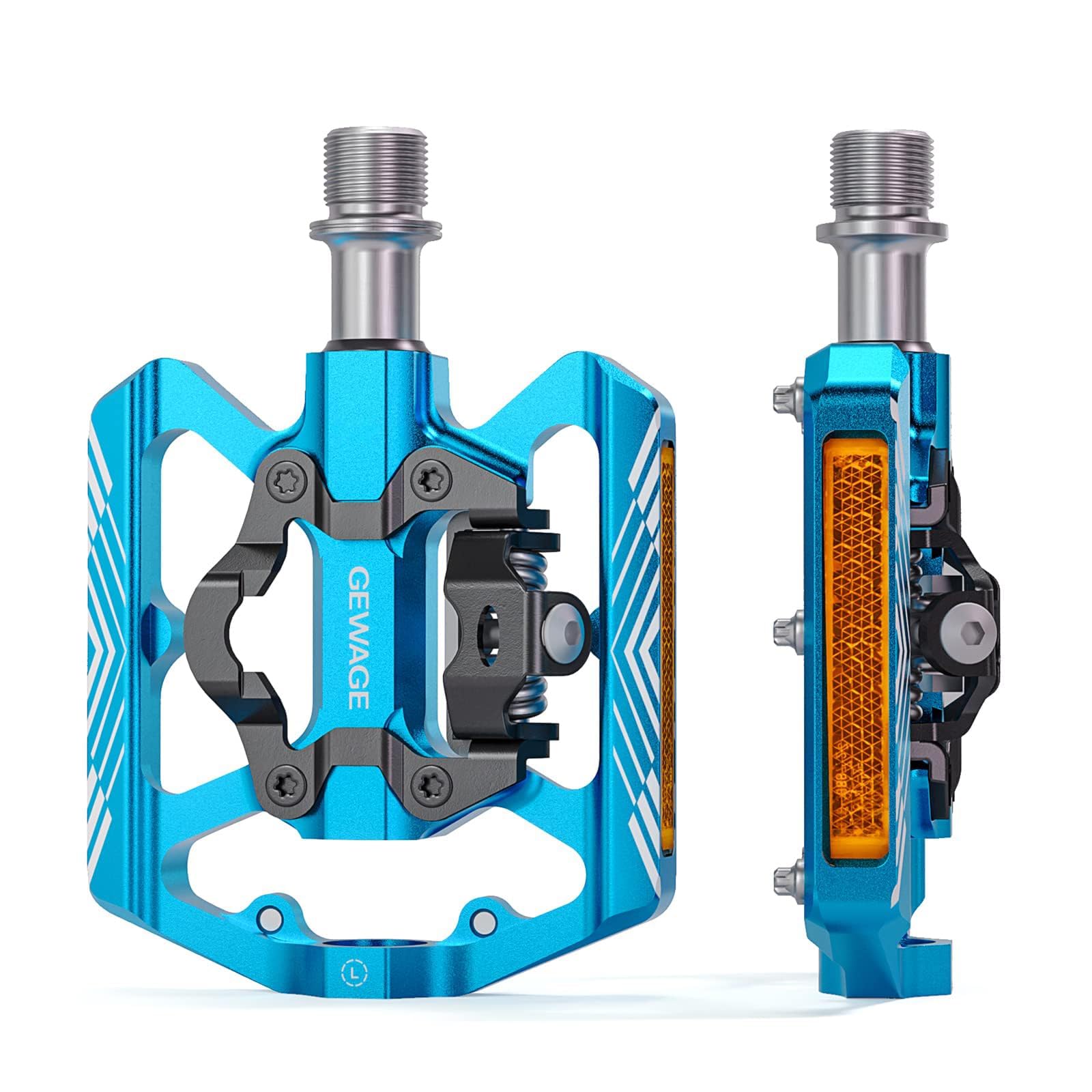 GEWAGE 2 in 1 Dual Function Flat and SPD Pedals with Reflector, 9/16 Inch CrMo Axle for MTB, Road Bikes and E-Bikes (Blue)