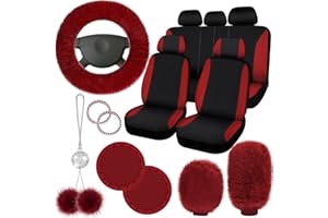 Fulmoon 17 Pcs Car Seat Cover Full Set for Women Fluffy Fuzzy Car Accessories Christmas Front Rear Steering Wheel Fleece Handbrake Shift Covers Hanging Accessory Holder Ring Emblem(Claret Black)
