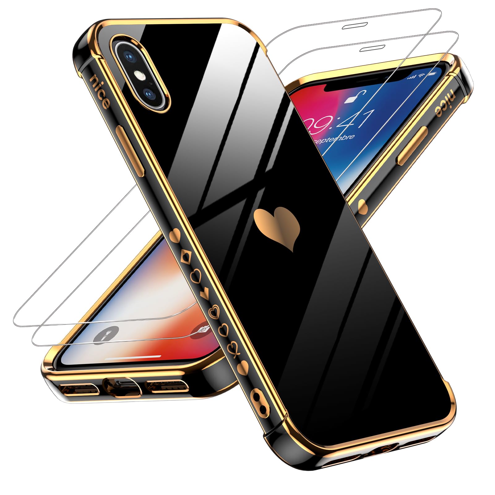 Photo 1 of LeYi for iPhone X/XS Case: 2 Pack Tempered Glass Screen Protector + Full Camera Lens Protection, Love Heart Plating Women Cute Luxury Soft TPU Shockproof Case, Black