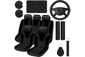 Frienda 13 Pcs Leopard Print Car Accessories Set, Includes Seat Covers Set Leopard Steering Wheel Cover Mats Armrest Pad Cover Seat Belt Pads Keychain and Wrist Strap for Car Decor (Black)