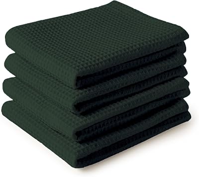 Encasa XO Kitchen Dish Towels Set Dark Green Waffle Weave Cotton 70x45cm 4pk