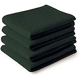 Encasa XO Kitchen Dish Towels Set | Dark Green | Waffle Weave and Flat Hand Tea Towel | 28"x18" | Quick Drying Reusable Cotton Washcloths | Multipurpose Lightweight Dishcloths Set of 4