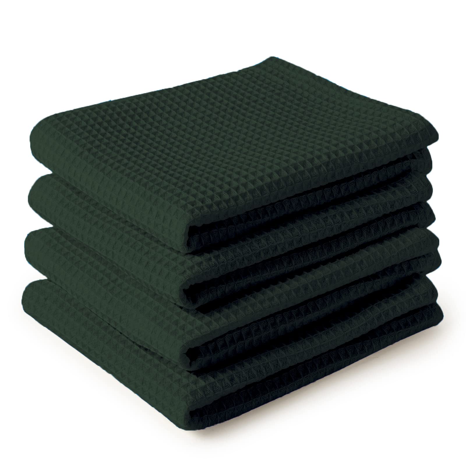 Encasa XO Kitchen Dish Towels Set | Dark Green | Waffle Weave and Flat Hand Tea Towel | 70x45 cm | Quick Drying Reusable Cotton Washcloths | Multipurpose Lightweight Dishcloths Set of 4