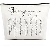 LANBAIHE Christian Makeup Bag for Women - Floral Bible Verse Cosmetic Bag with Inspirational Scripture, Sister Gift, Affirmational Gifts for Women, Christian Gifts, God Says You Are (Beige-God)