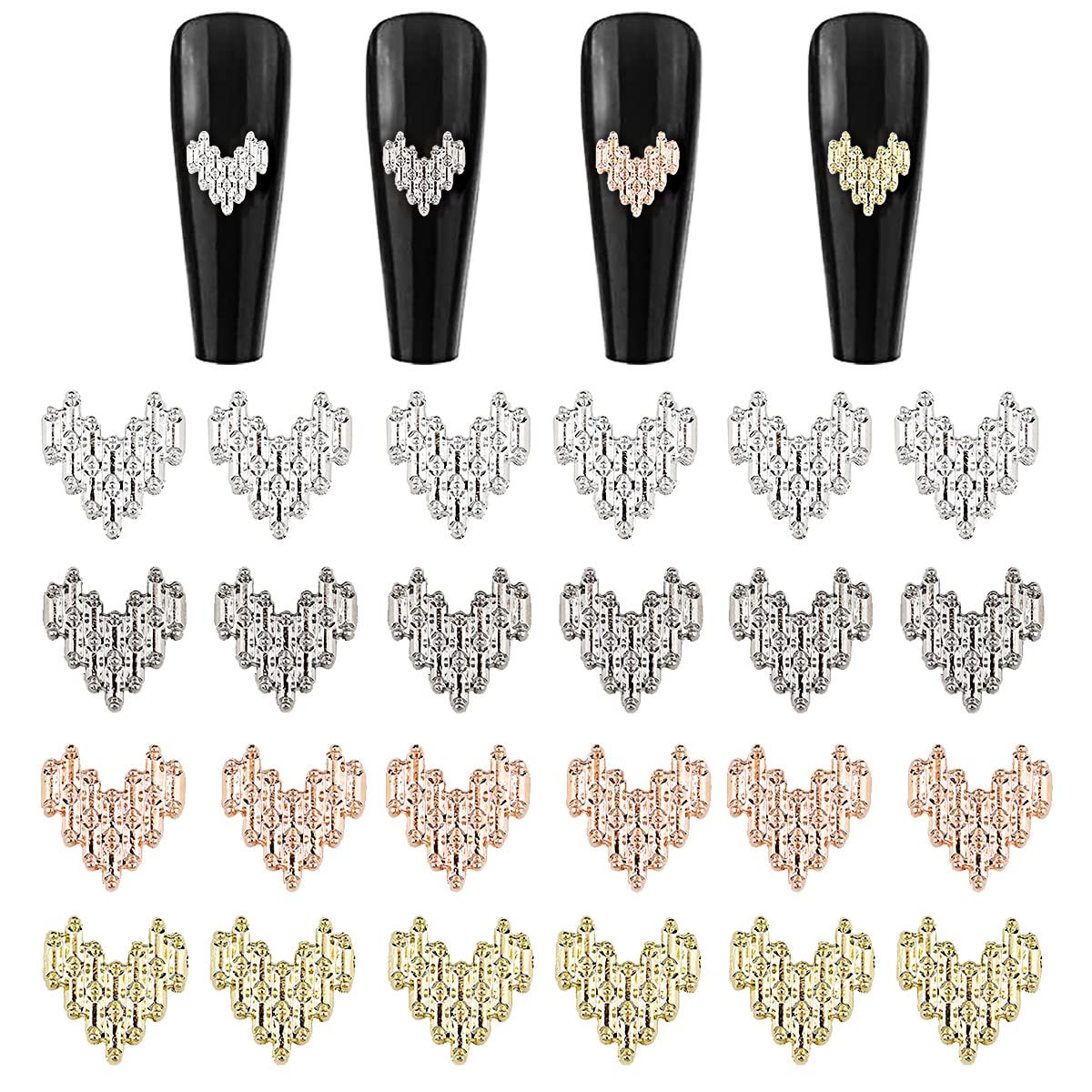 3D Heart Nail Charms, 80 Pcs Metal Love Heart Nail Art Charms Gold Silver Shiny Nail Jewels Gems Nail Studs for Nail Art Decorations DIY Crafts (Heart) — image 1