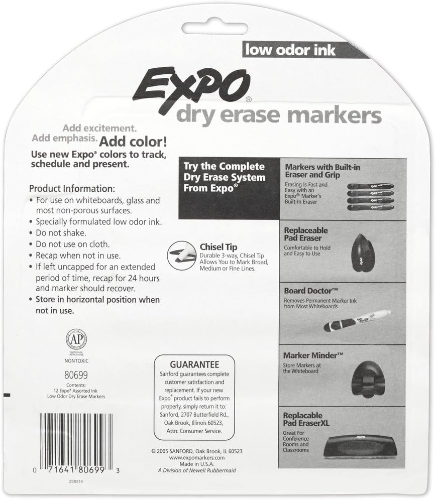 EXPO Low Odor Dry Erase Markers, Chisel Tip, Assorted Colors, 12 Count : Office Products