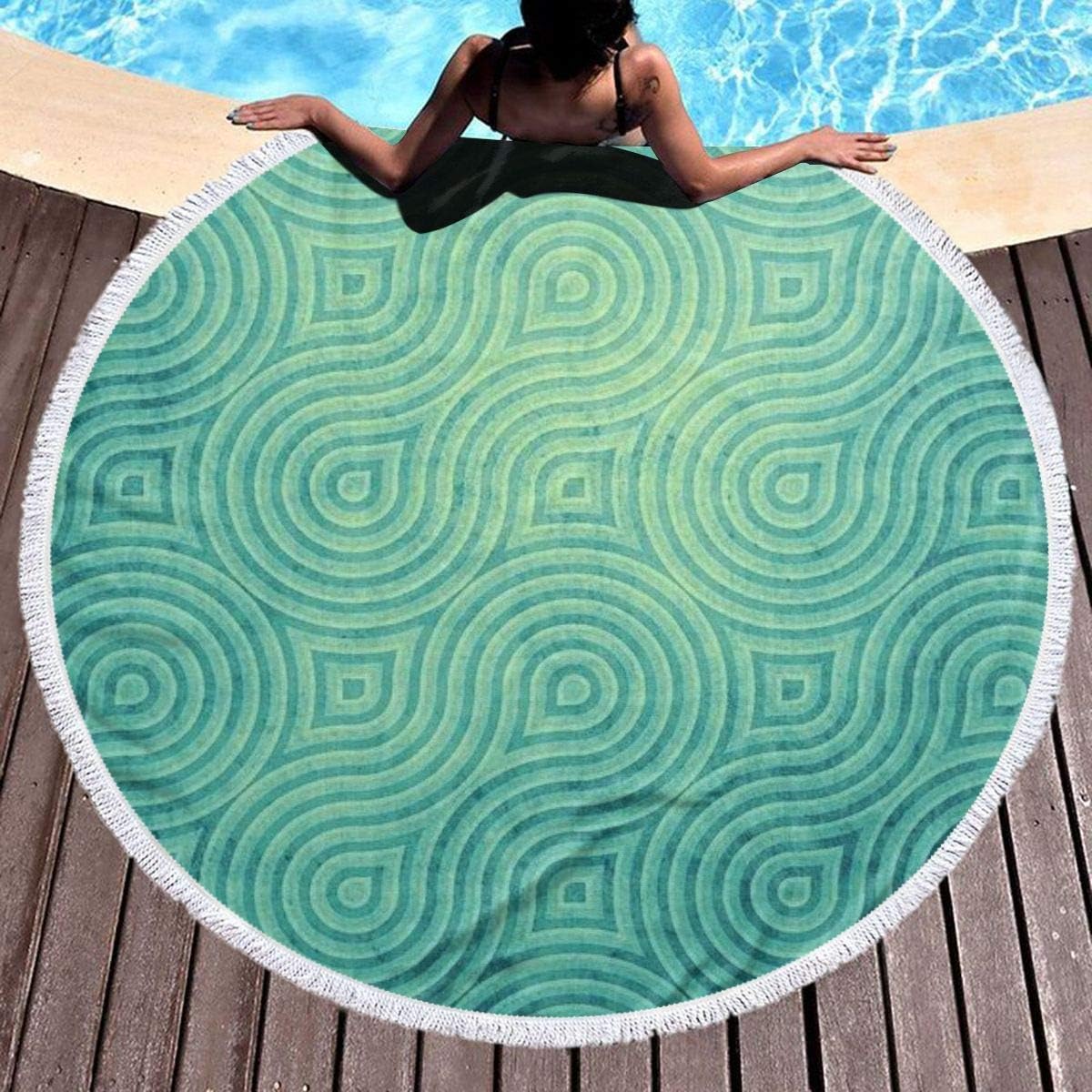 UUwant Round Beach Towel Green Curve Texture Youth Towels Extra Large Sand Proof Blanket Yoga Mat with Tassels 59 inch