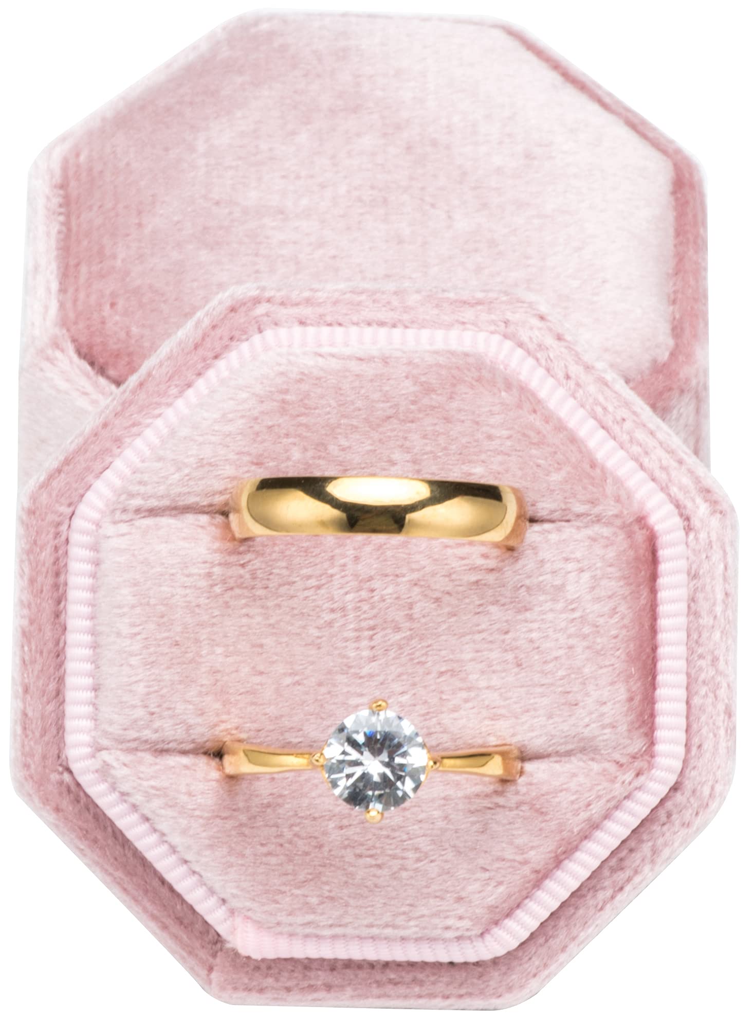 POKOFO Premium Velvet Ring Bearer Box for Proposal Engagement Wedding Ceremony - Equilateral Octagon Vintage Double Ring Display Holder with Detachable Lid (Pink)