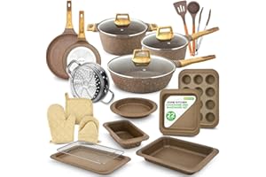 Nutrichef 22-Piece Maroon Marble Non-Stick Cookware and Bakeware Set - Professional Home Kitchen Collection with Multi-Sized Pots, Pans, and Heat-Resistant Tools