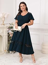 HICISI Plus Size Summer Dress V Neck Smocked High