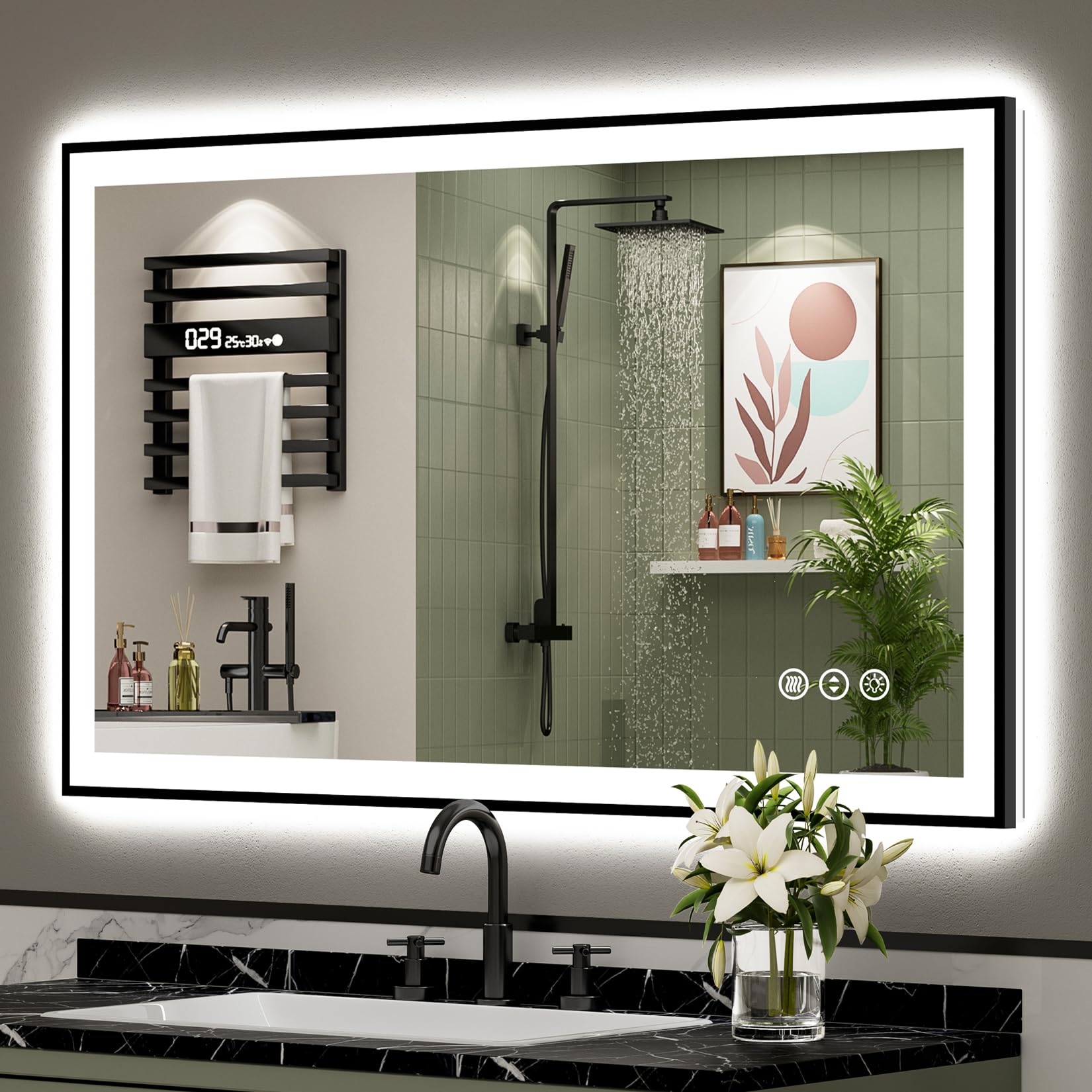 AWANDEE 48x30 Black Framed LED Bathroom Mirror with Lights, Backlit and Front Lit Anti-Fog Lighted Vanity Mirrors for Bathroom Wall, Dimmable, 3 Colors, Memory, HD Tempered Glass, Horizontal/Vertical