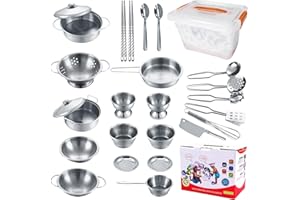 KEJIH Mini Size Kids Kitchen Pretend Play Toys Accessories with Stainless Steel Cookware Pots and Pans Set,Classic Kitchen Accessories Cooking Utensils Set Tiny Role Play Cooking Play Toy for Kids Toddlers