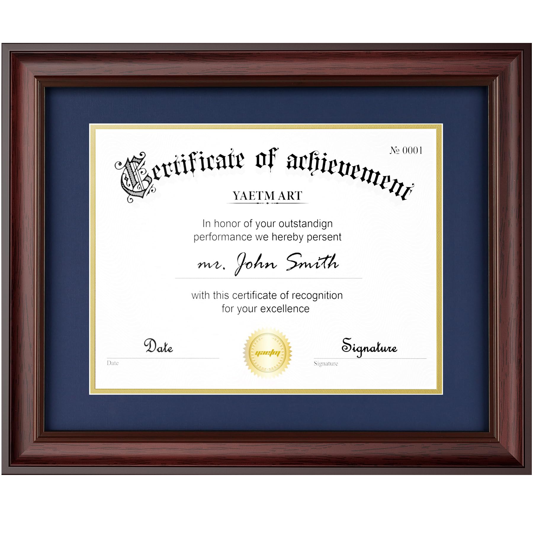 Photo 1 of Yaetm 11x14 Diploma Frame | Certificate Frame with HD Tempered Glass, Display 8.5x11 with Navy Over Gold Acid-free Mat or 11 x 14 Document without Mat, Wide Molding (Single, Mahogany/Blue)